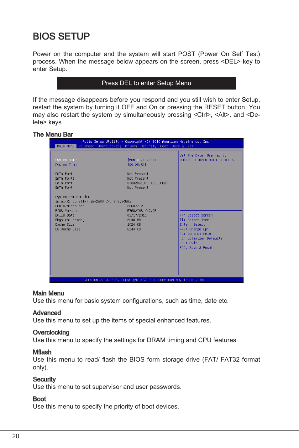 Bios setup | MSI H61M-P21 (B3) User Manual | Page 20 / 137