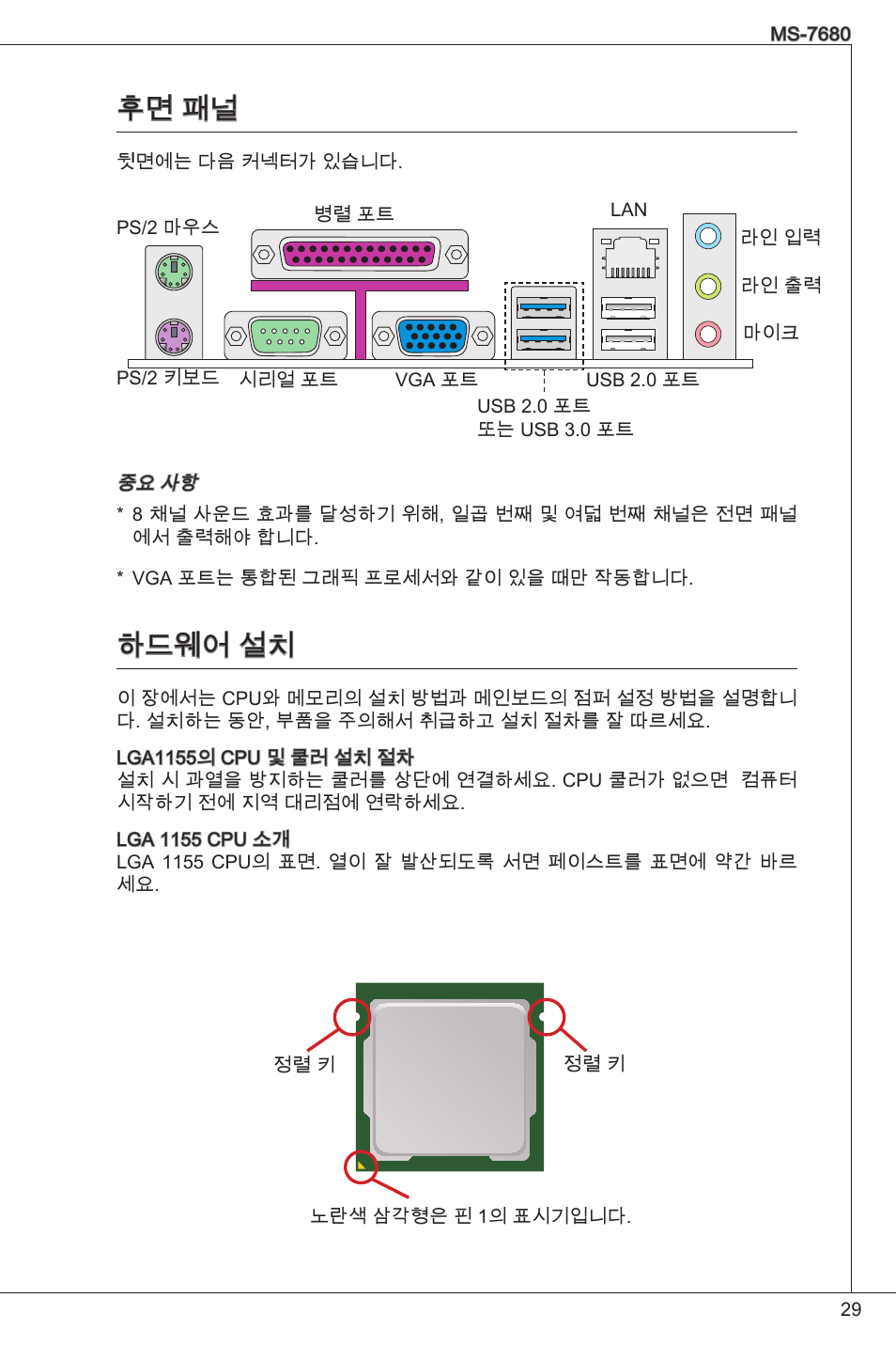 후면 패널, 하드웨어 설치, 후면 패널 하드웨어 설치 | MSI H61M-P21 (B3) User Manual | Page 29 / 137