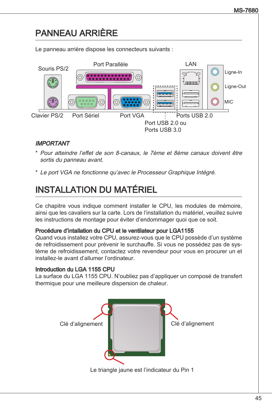 Panneau arrière, Installation du matériel, Panneau arrière installation du matériel | MSI H61M-P21 (B3) User Manual | Page 45 / 137