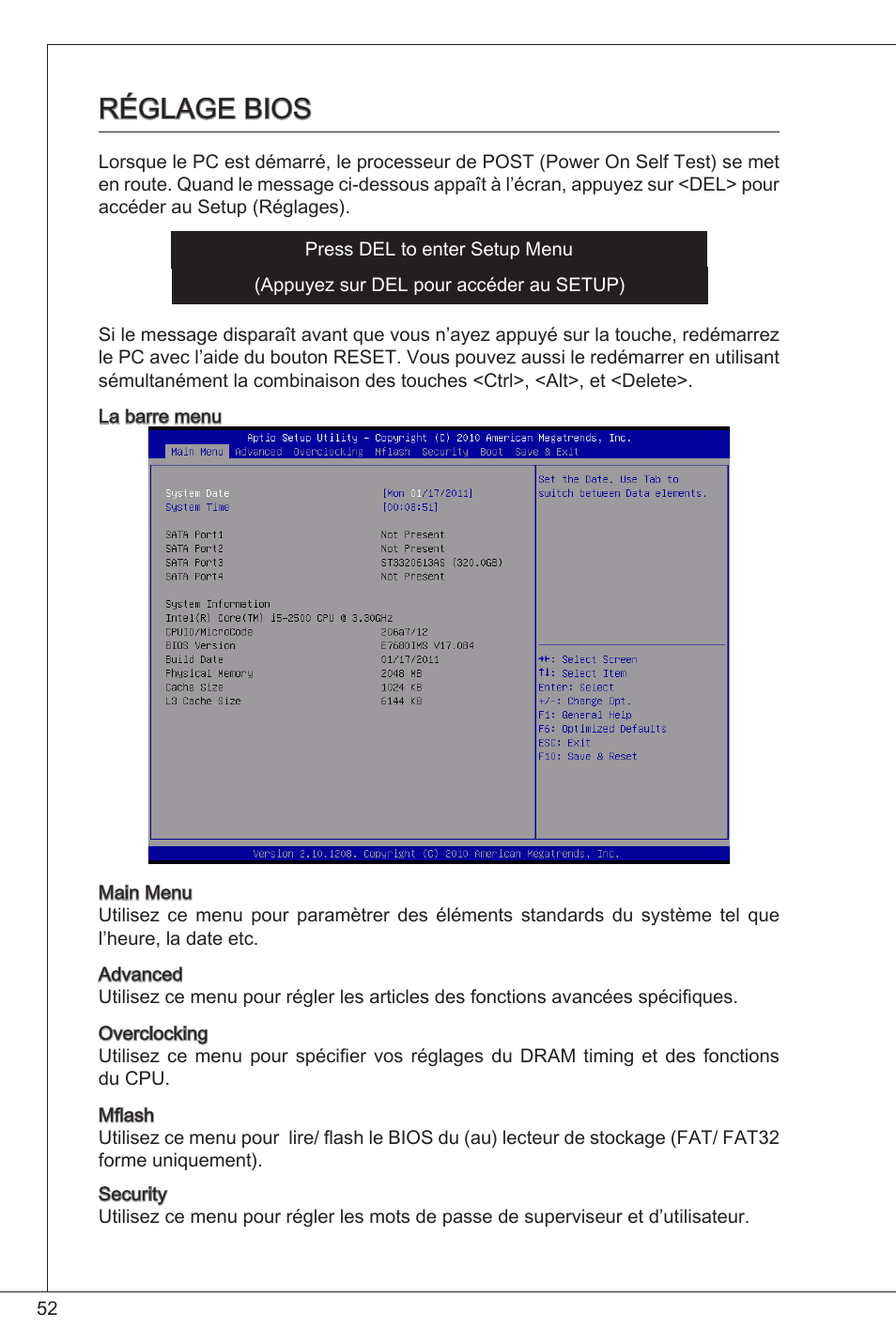 Réglage bios | MSI H61M-P21 (B3) User Manual | Page 52 / 137