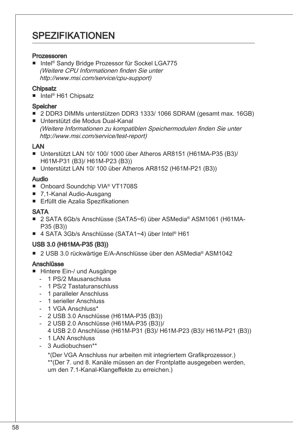 Spezifikationen | MSI H61M-P21 (B3) User Manual | Page 58 / 137