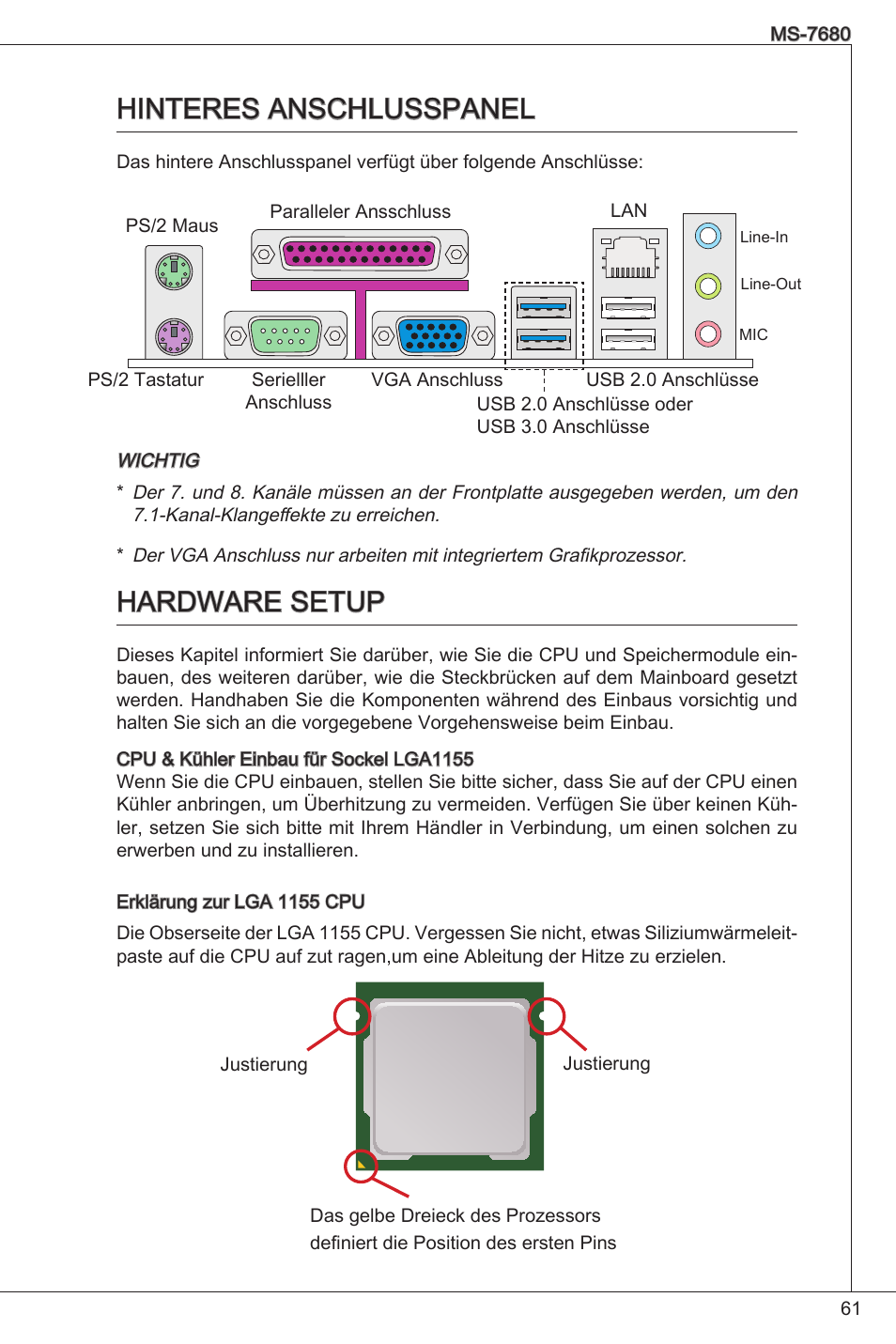 Hinteres anschlusspanel, Hardware setup, Hinteres anschlusspanel  hardware setup | MSI H61M-P21 (B3) User Manual | Page 61 / 137