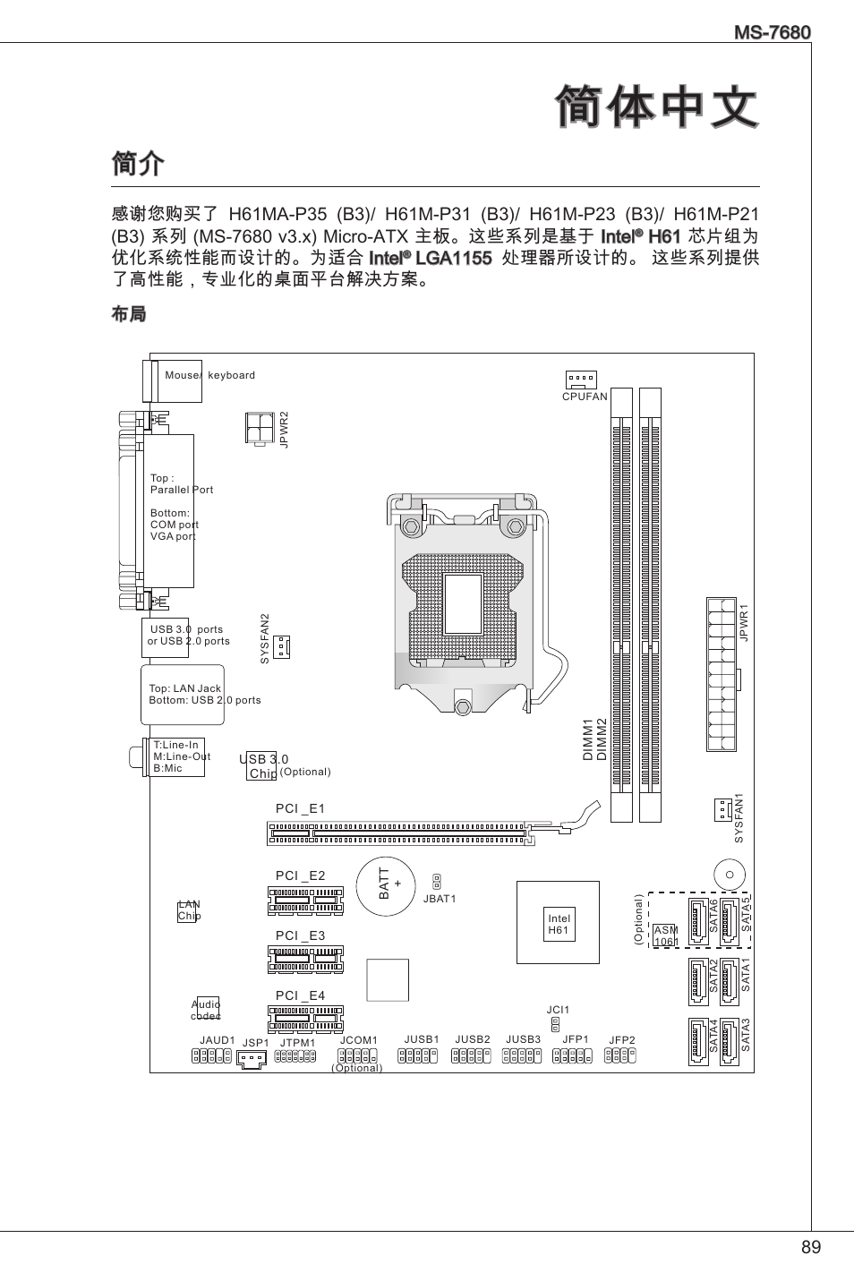 简体中文, H6 芯片组为 优化系统性能而设计的。为适合 intel, Lga55 处理器所设计的。 这些系列提供 了高性能，专业化的桌面平台解决方案。 布局 | MSI H61M-P21 (B3) User Manual | Page 89 / 137