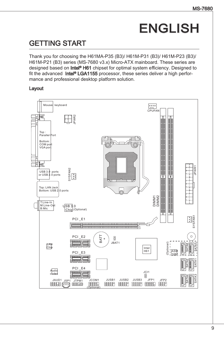 English, Getting start | MSI H61M-P21 (B3) User Manual | Page 9 / 137