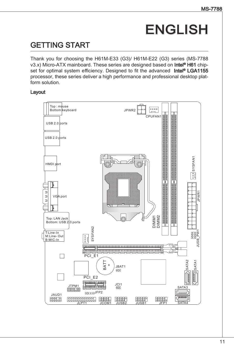 English, Getting start, Ms-7788 | MSI H61M-E33/W8 User Manual | Page 11 / 171