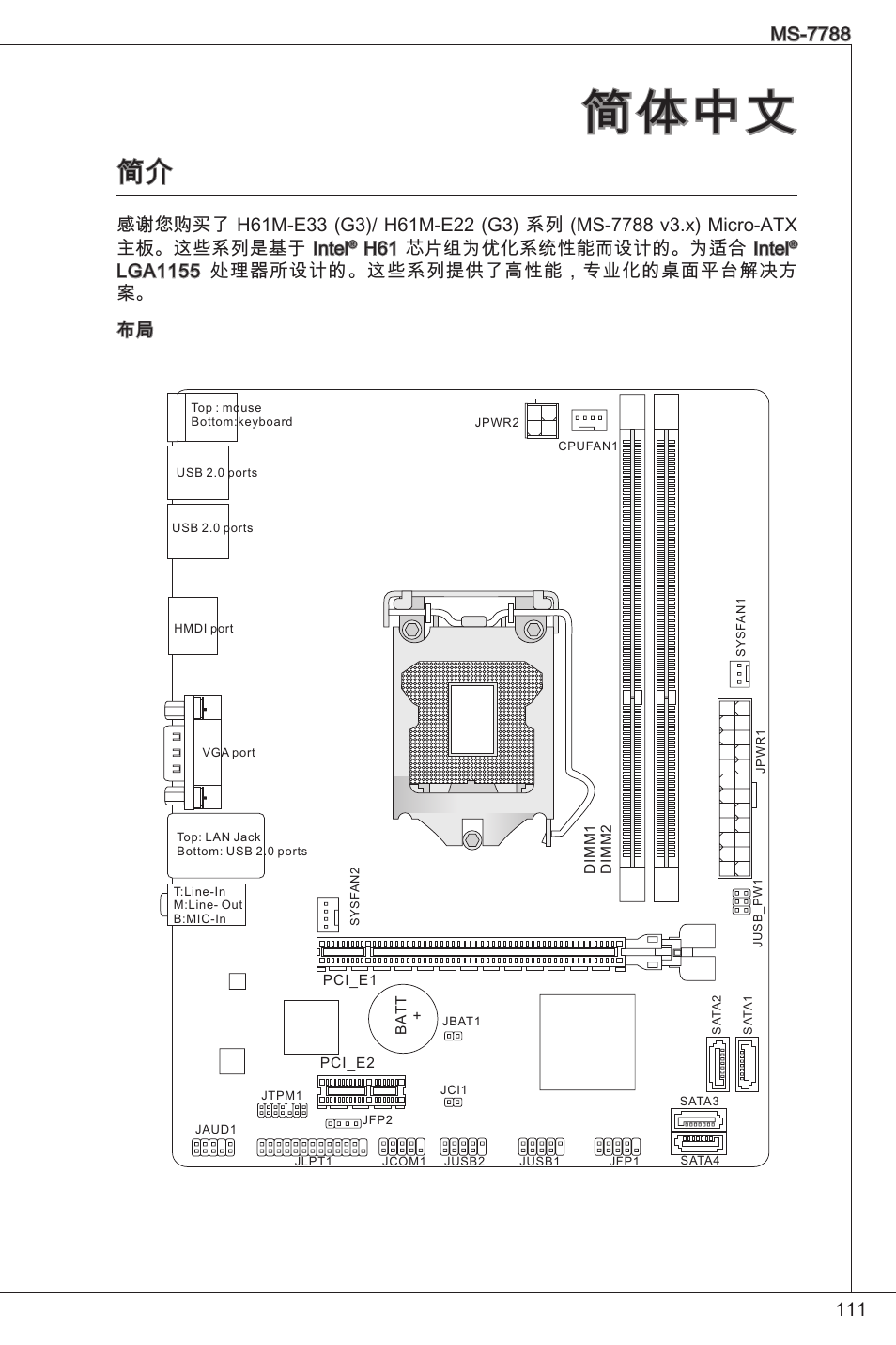 简体中文, Ms-7788, H6 芯片组为优化系统性能而设计的。为适合 intel | Lga55 处理器所设计的。这些系列提供了高性能，专业化的桌面平台解决方 案。 布局 | MSI H61M-E33/W8 User Manual | Page 111 / 171