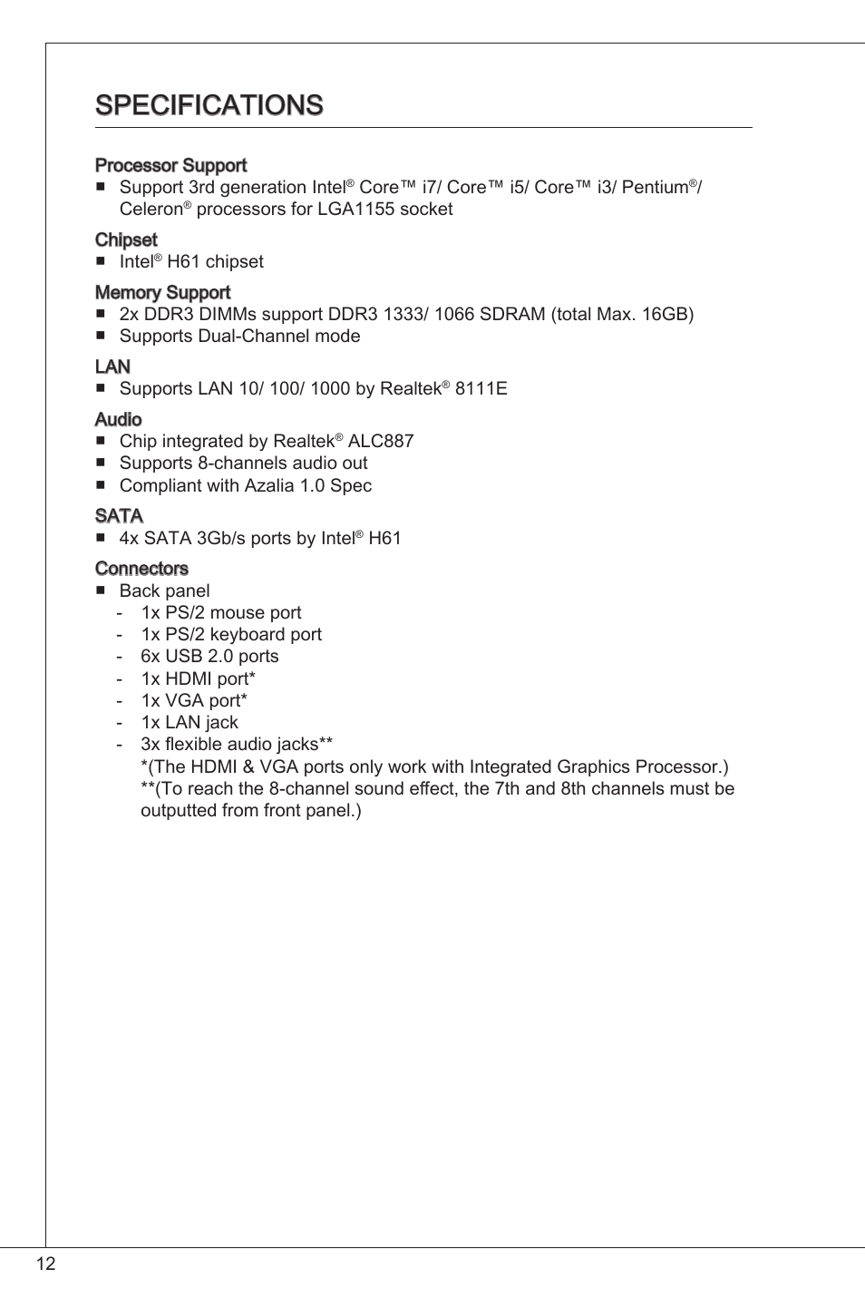 Specifications | MSI H61M-E33/W8 User Manual | Page 12 / 171