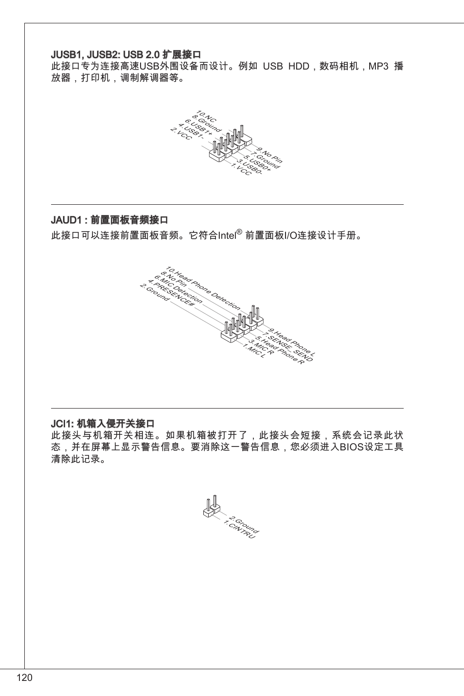 Jaud : 前置面板音频接口 此接口可以连接前置面板音频。它符合intel, 前置面板i/o连接设计手册 | MSI H61M-E33/W8 User Manual | Page 120 / 171