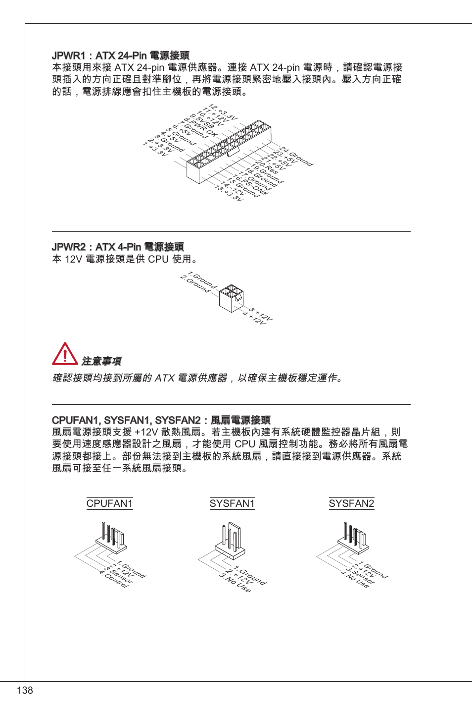 Jpwr2：atx 4-pin 電源接頭 本 2v 電源接頭是供 cpu 使用, Cpufan sysfan, Sysfan2 | MSI H61M-E33/W8 User Manual | Page 138 / 171