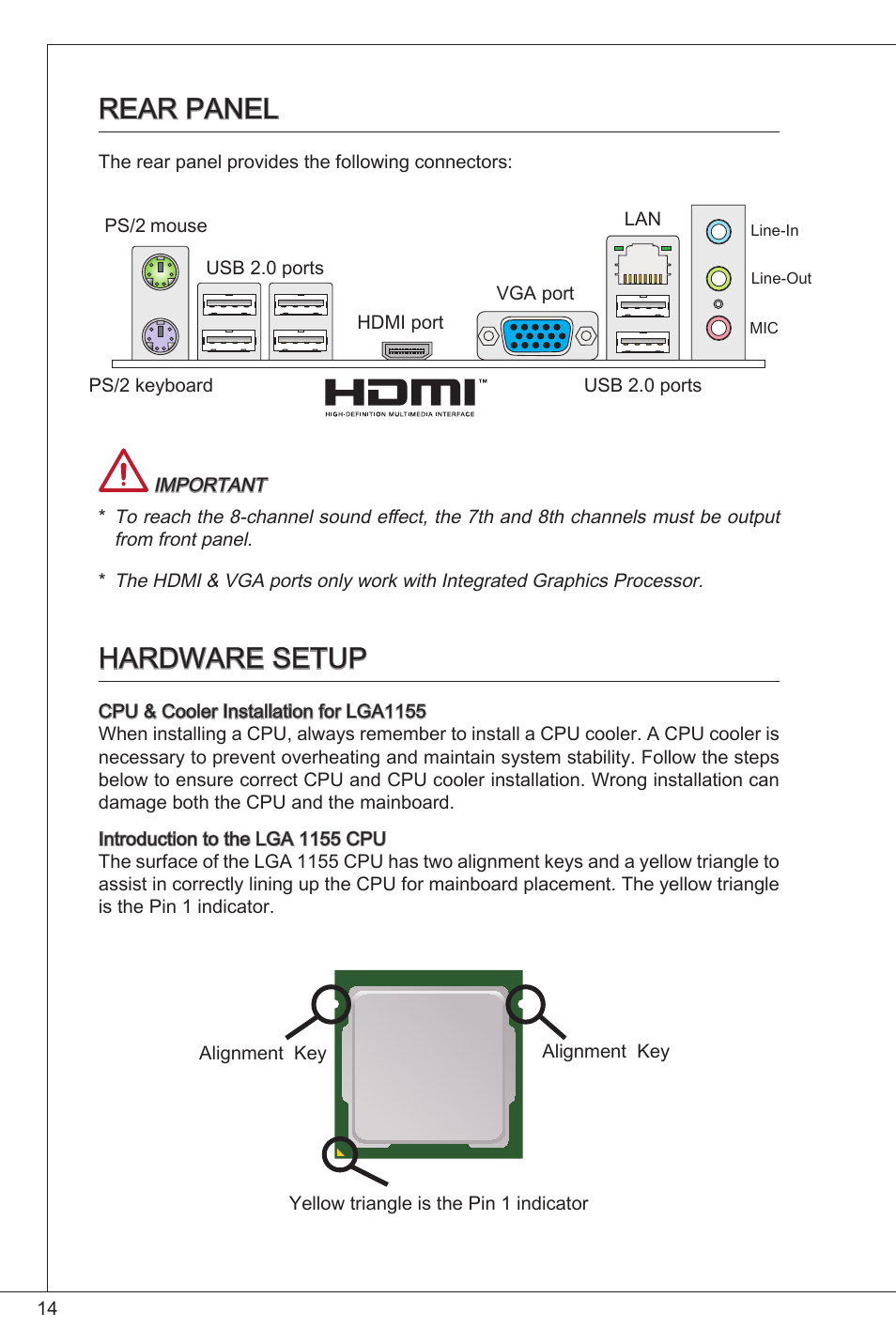 Rear panel, Hardware setup | MSI H61M-E33/W8 User Manual | Page 14 / 171