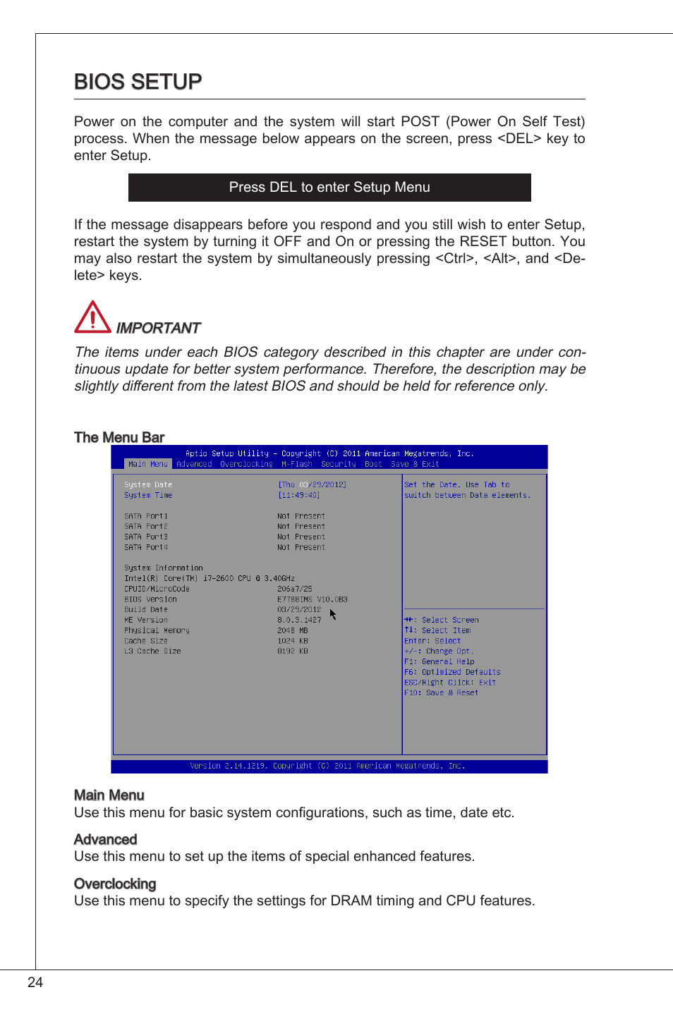 Bios setup | MSI H61M-E33/W8 User Manual | Page 24 / 171