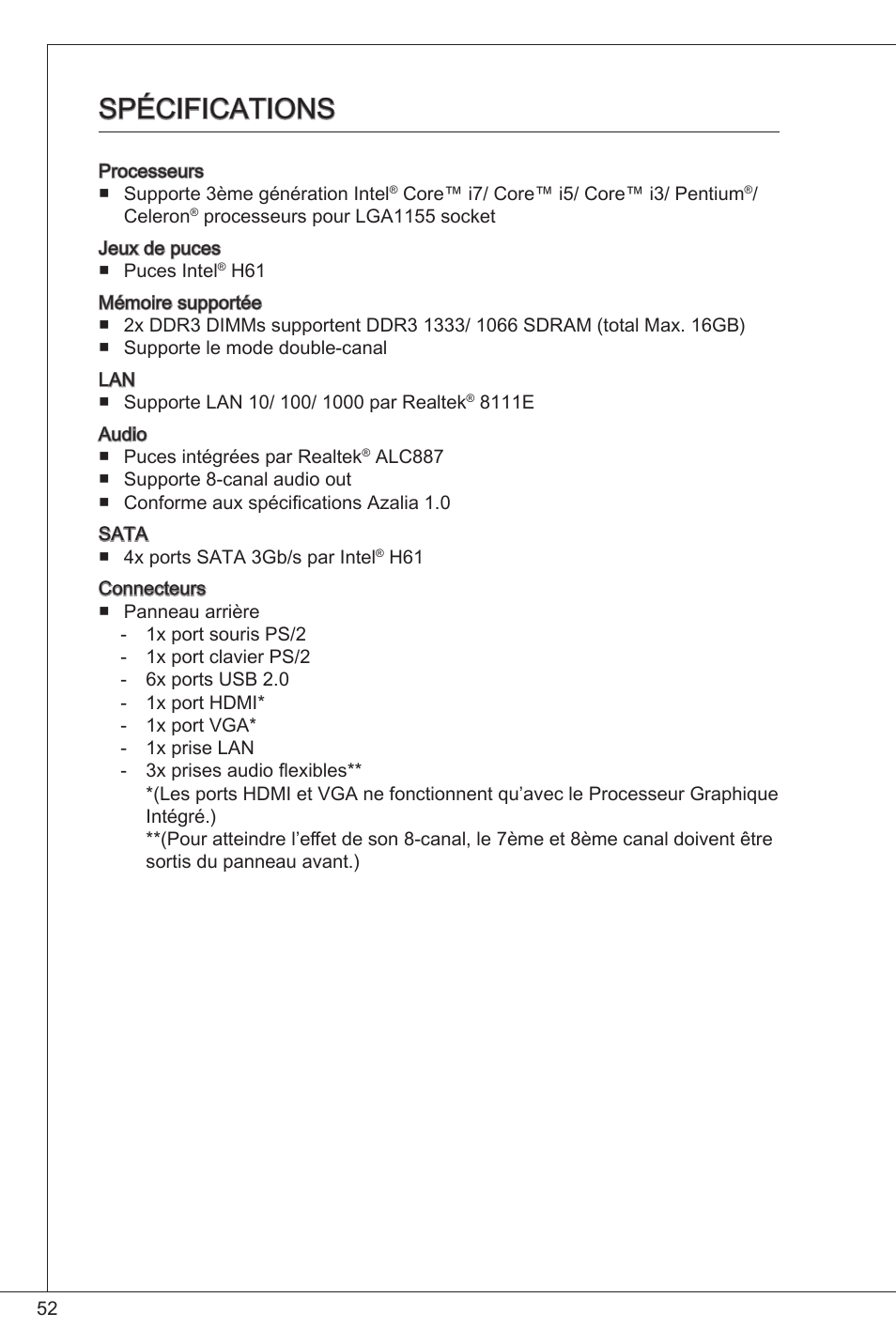 Spécifications | MSI H61M-E33/W8 User Manual | Page 52 / 171