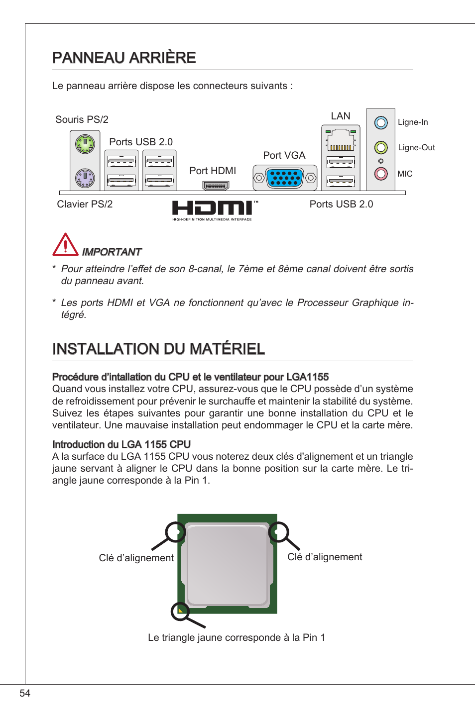 Panneau arrière, Installation du matériel, Panneau arrière installation du matériel | MSI H61M-E33/W8 User Manual | Page 54 / 171