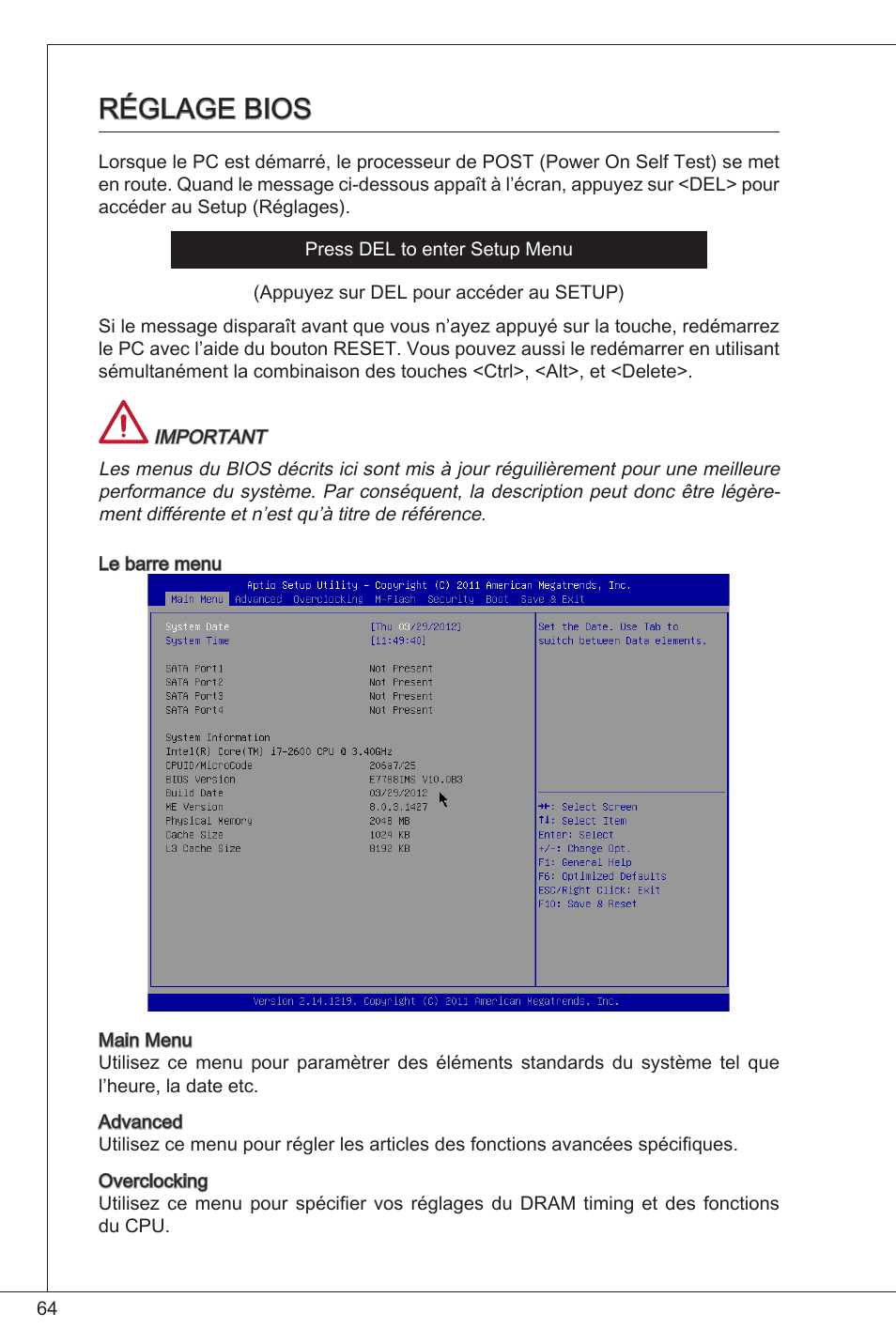 Réglage bios | MSI H61M-E33/W8 User Manual | Page 64 / 171