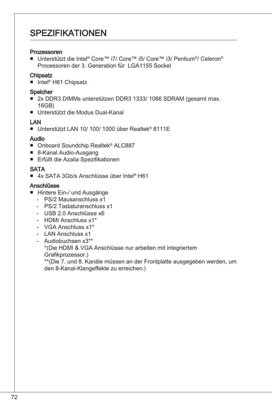 Spezifikationen | MSI H61M-E33/W8 User Manual | Page 72 / 171