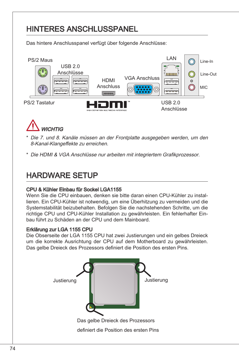 Hinteres anschlusspanel, Hardware setup, Hinteres anschlusspanel hardware setup | MSI H61M-E33/W8 User Manual | Page 74 / 171