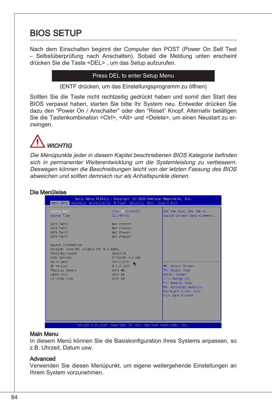 Bios setup | MSI H61M-E33/W8 User Manual | Page 84 / 171