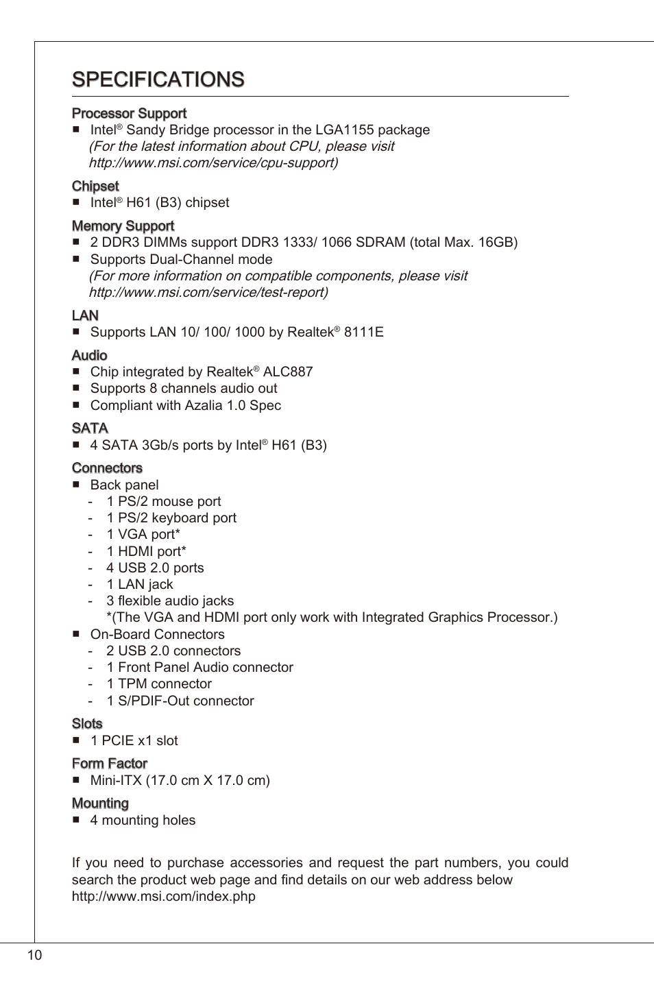 Specifications | MSI H61I-E35 (B3) User Manual | Page 10 / 121