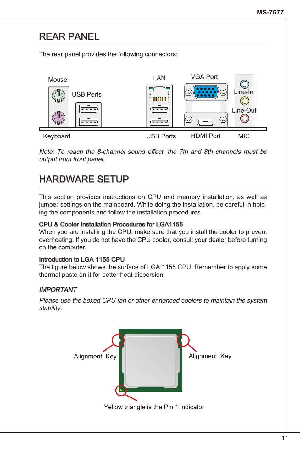 Rear panel, Hardware setup | MSI H61I-E35 (B3) User Manual | Page 11 / 121