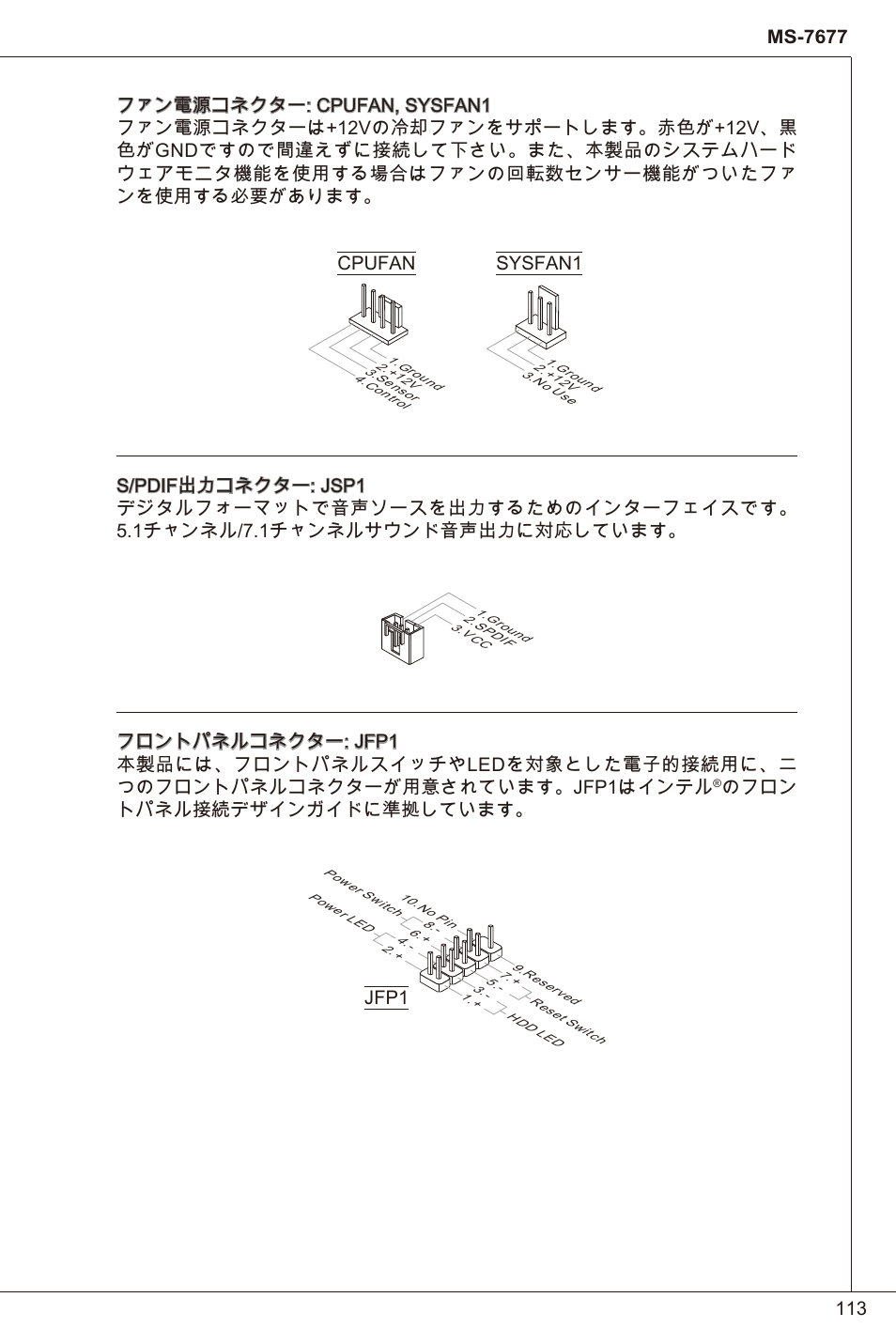 Cpufan sysfan, のフロン トパネル接続デザインガイドに準拠しています | MSI H61I-E35 (B3) User Manual | Page 113 / 121