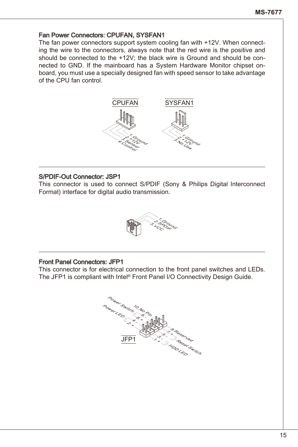 Cpufan sysfan, Front panel i/o connectivity design guide | MSI H61I-E35 (B3) User Manual | Page 15 / 121