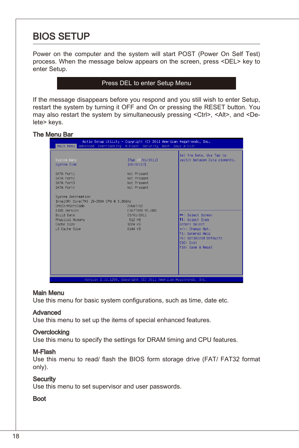 Bios setup | MSI H61I-E35 (B3) User Manual | Page 18 / 121