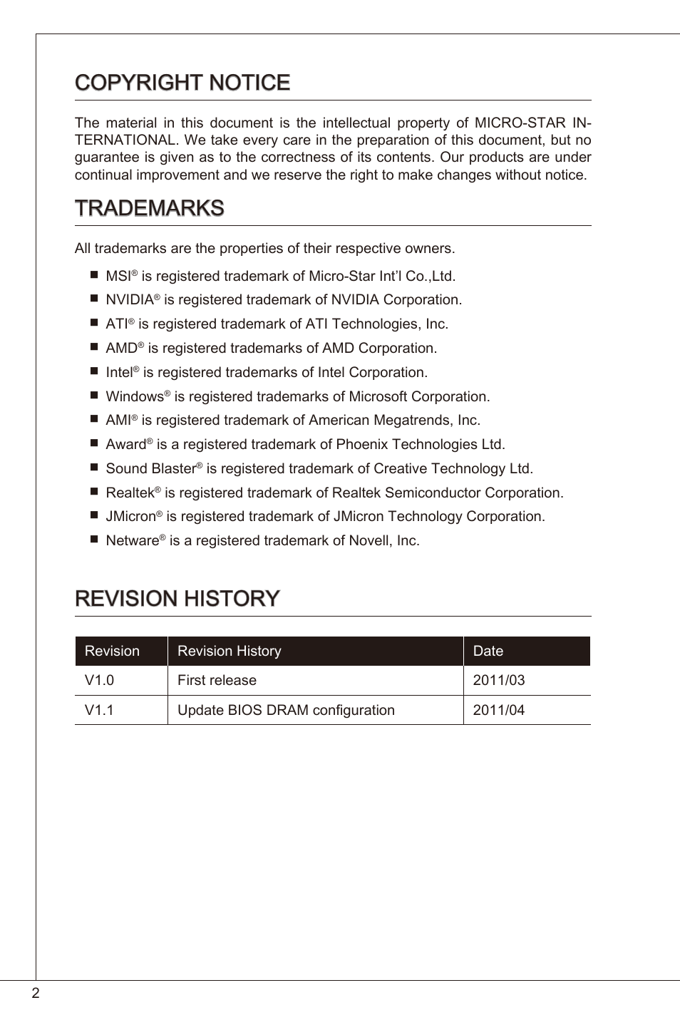 Copyright notice, Trademarks, Revision history | MSI H61I-E35 (B3) User Manual | Page 2 / 121
