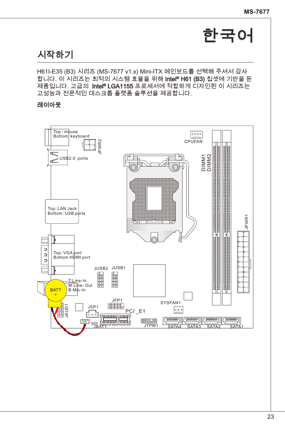 시작하기, H6 (b3) 칩셋에 기반을 둔 제품입니다. 고급의 intel | MSI H61I-E35 (B3) User Manual | Page 23 / 121