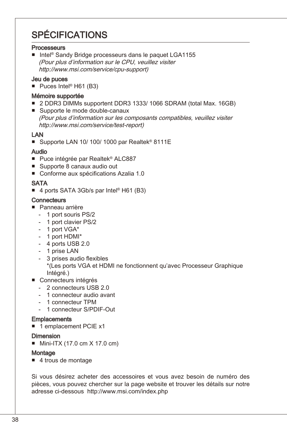 Spécifications | MSI H61I-E35 (B3) User Manual | Page 38 / 121