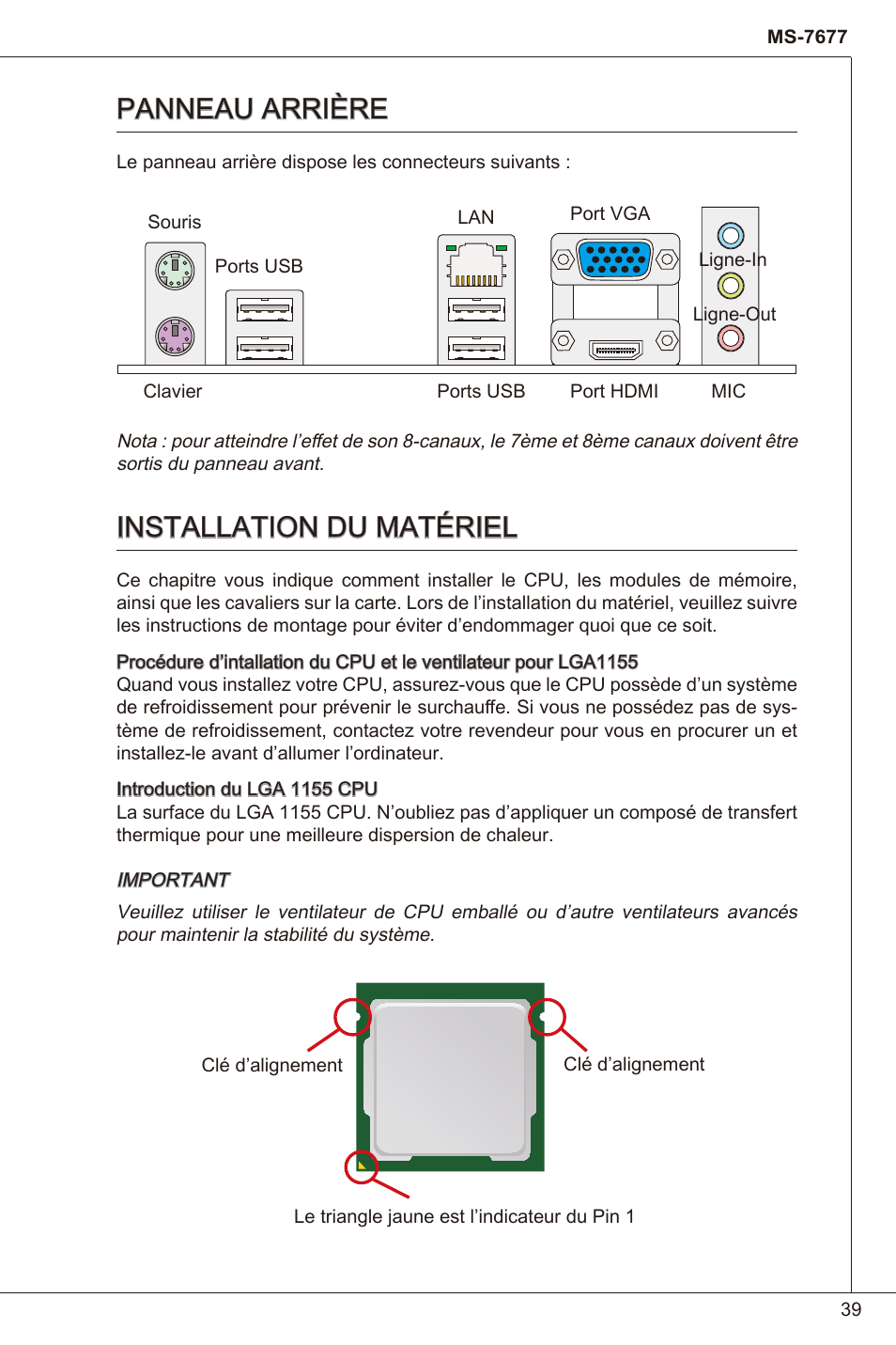 Panneau arrière, Installation du matériel, Panneau arrière installation du matériel | MSI H61I-E35 (B3) User Manual | Page 39 / 121