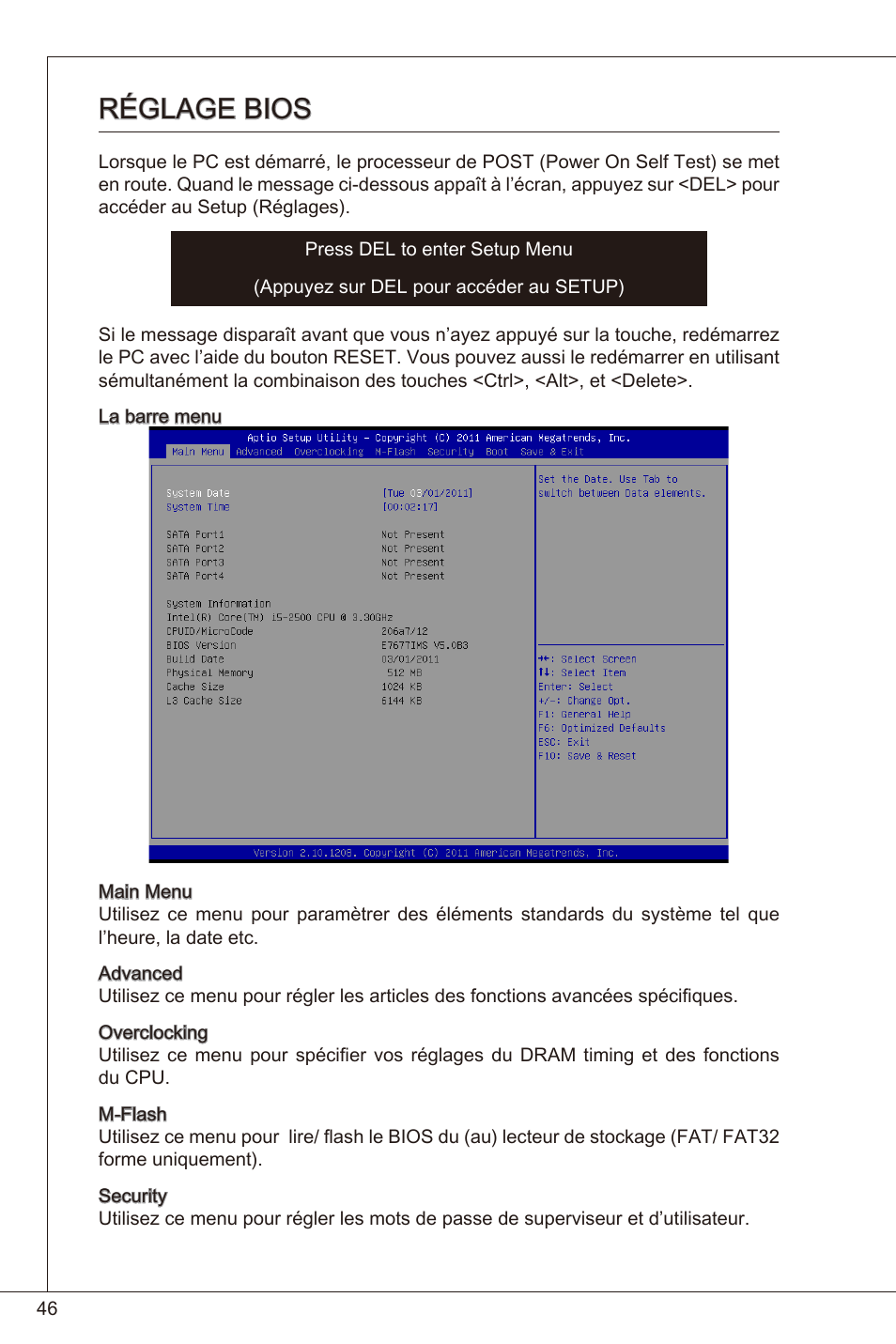 Réglage bios | MSI H61I-E35 (B3) User Manual | Page 46 / 121