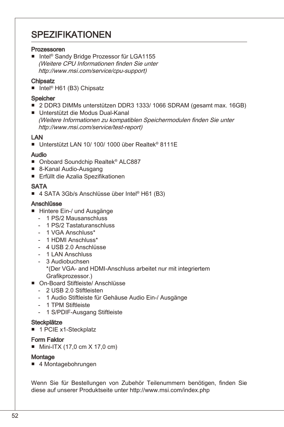 Spezifikationen | MSI H61I-E35 (B3) User Manual | Page 52 / 121