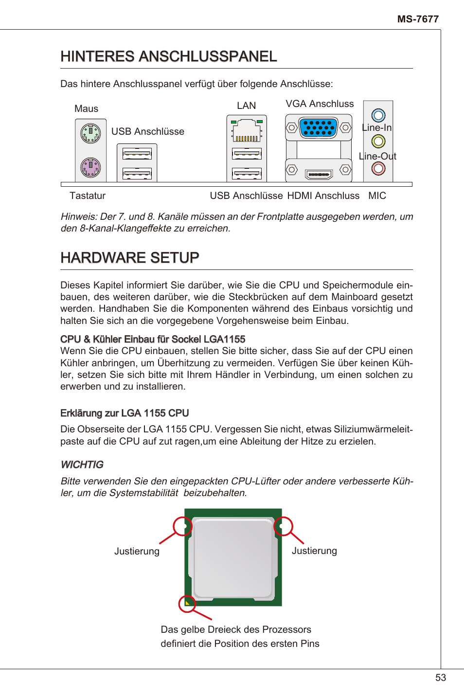 Hinteres anschlusspanel, Hardware setup, Hinteres anschlusspanel hardware setup | MSI H61I-E35 (B3) User Manual | Page 53 / 121