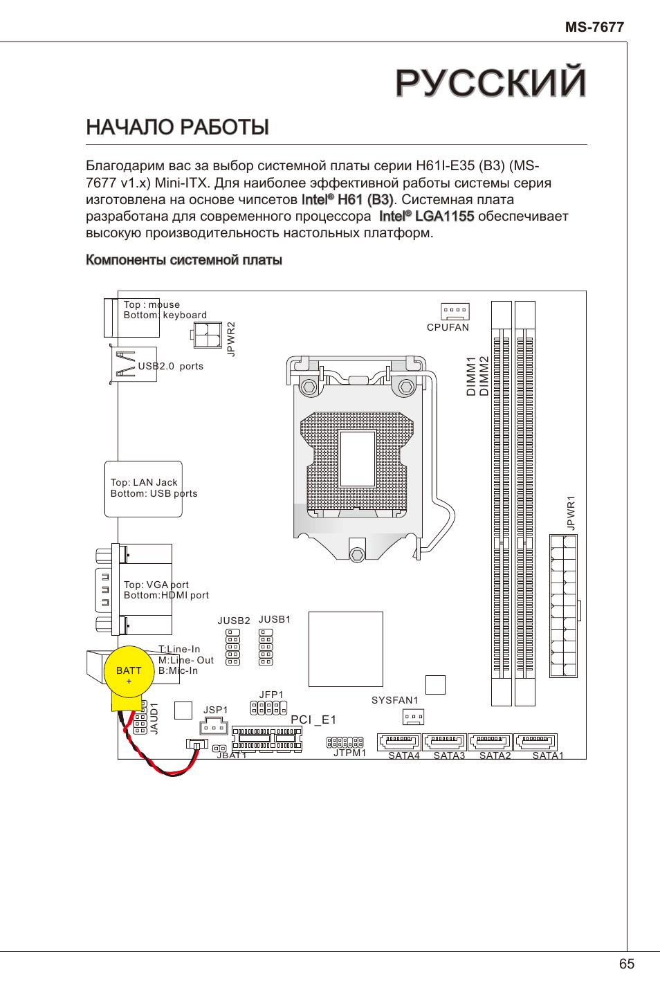 Русский, Начало работы | MSI H61I-E35 (B3) User Manual | Page 65 / 121