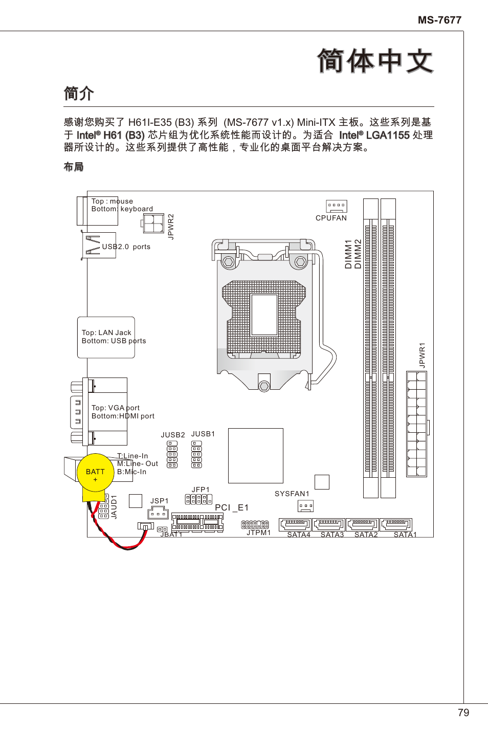 简体中文, H6 (b3) 芯片组为优化系统性能而设计的。为适合 intel, Lga55 处理 器所设计的。这些系列提供了高性能，专业化的桌面平台解决方案。 布局 | MSI H61I-E35 (B3) User Manual | Page 79 / 121