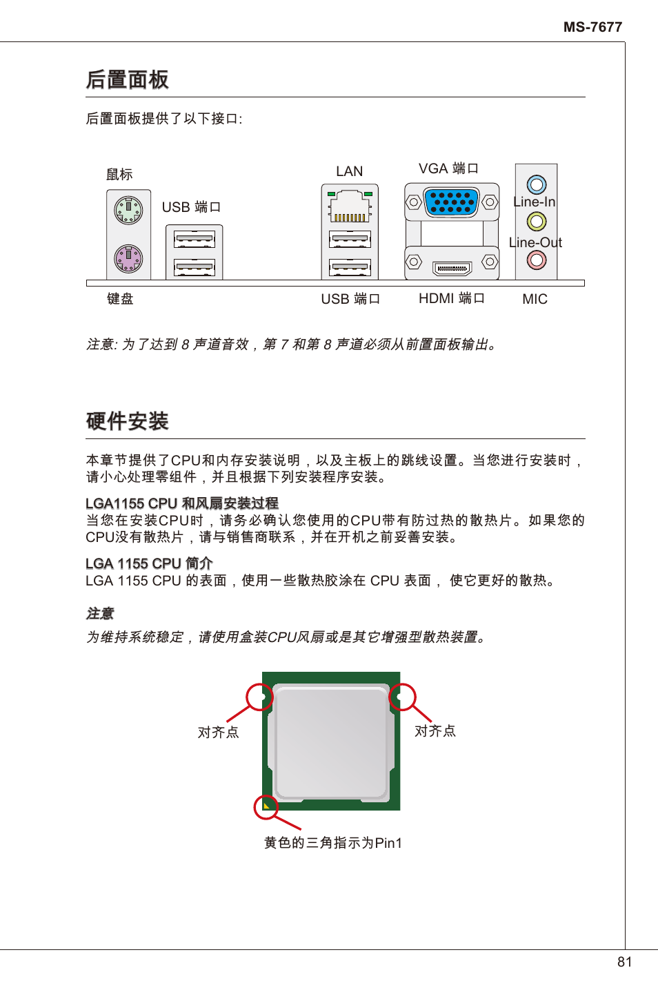 后置面板, 硬件安装, 后置面板  硬件安装 | MSI H61I-E35 (B3) User Manual | Page 81 / 121