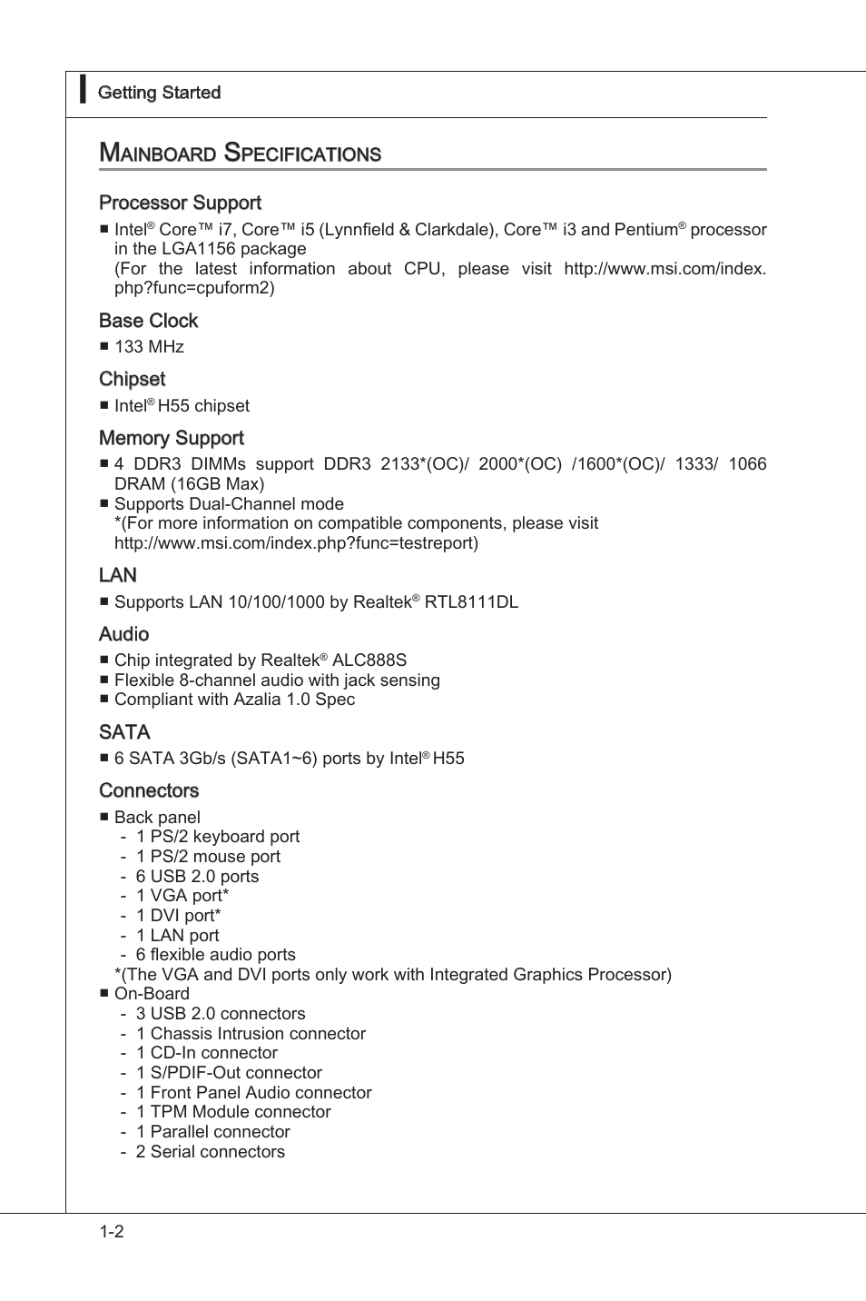 Mainboard specifications, Manboard specficatons -2 | MSI H55M-P33 User Manual | Page 12 / 88
