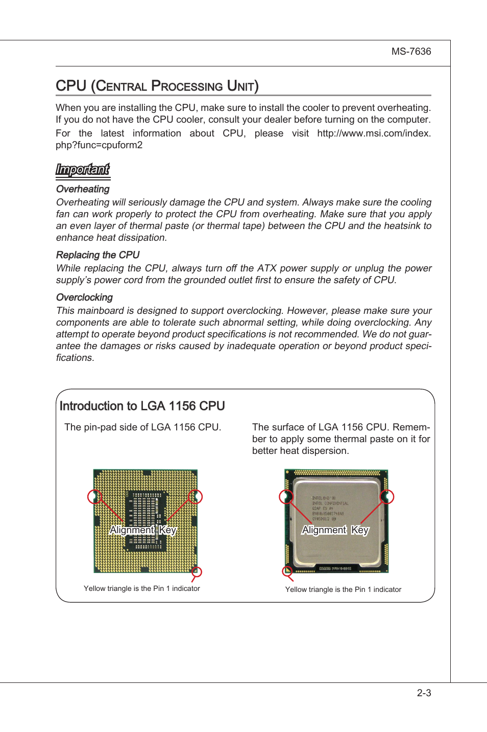 Cpu (central processing unit), Cpu (central processng unt) -3, Cpu (c | Important, Introducton to lga 1156 cpu | MSI H55M-P33 User Manual | Page 19 / 88