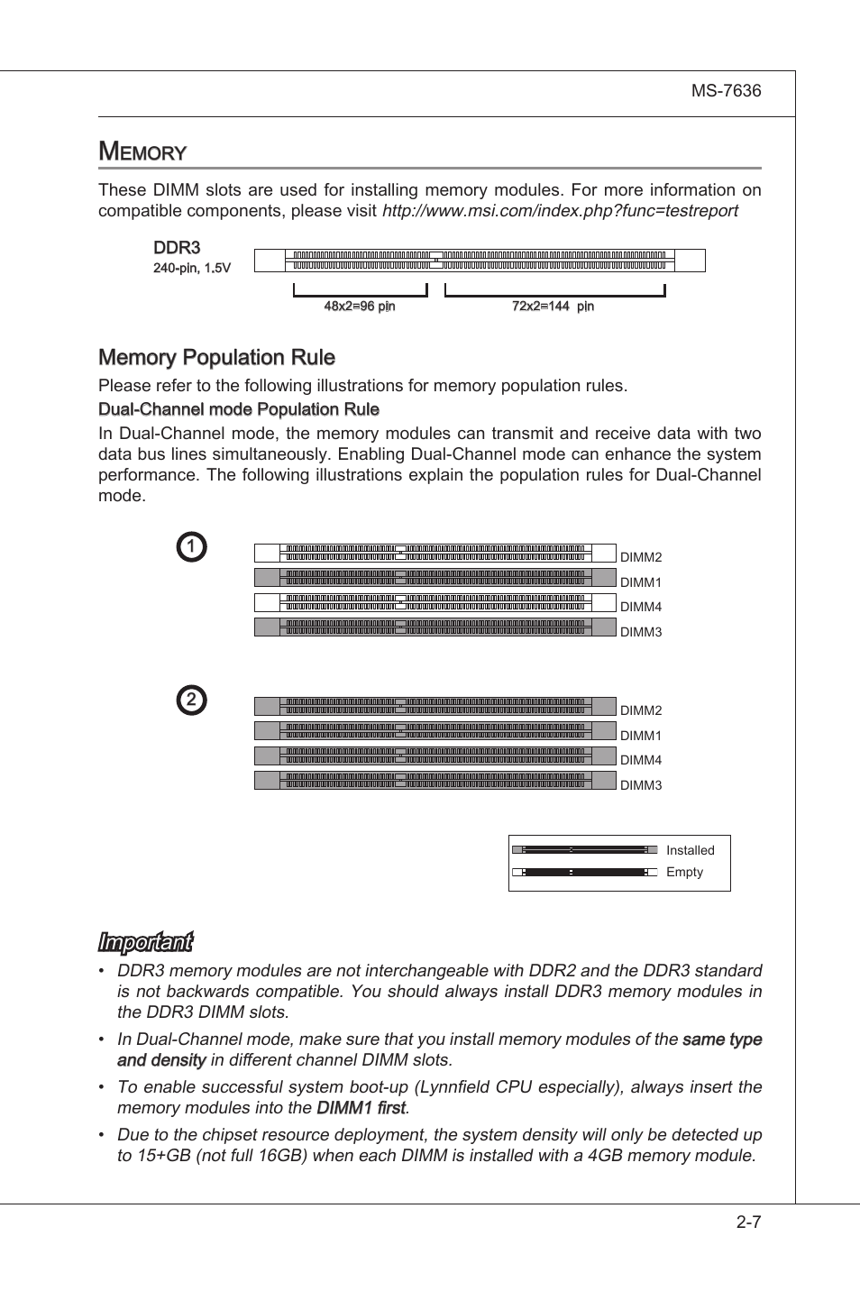 Memory, Memory -7, Important | MSI H55M-P33 User Manual | Page 23 / 88