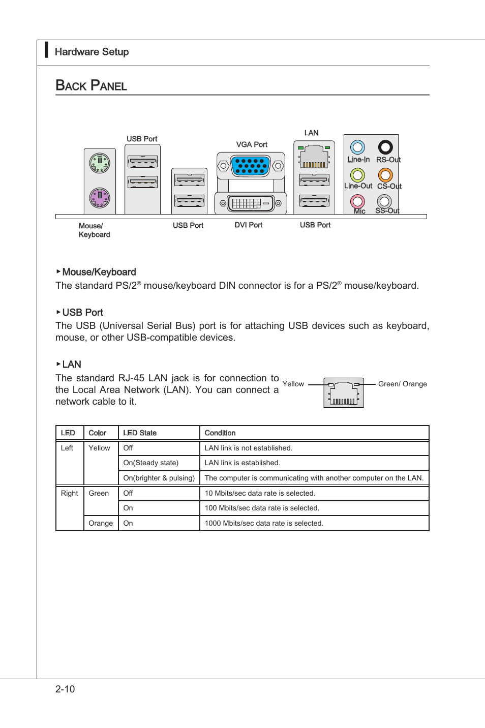 Back panel, Back panel -10, Anel | MSI H55M-P33 User Manual | Page 26 / 88
