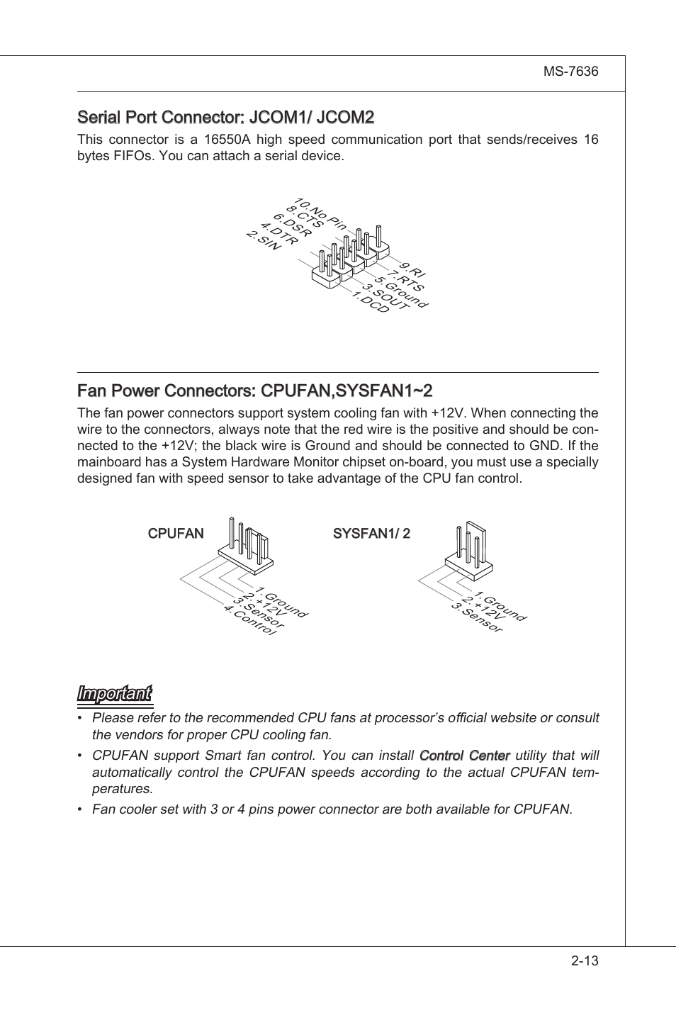 Seral port connector: jcom1/ jcom2, Fan power connectors: cpufan,sysfan1~2, Important | MSI H55M-P33 User Manual | Page 29 / 88