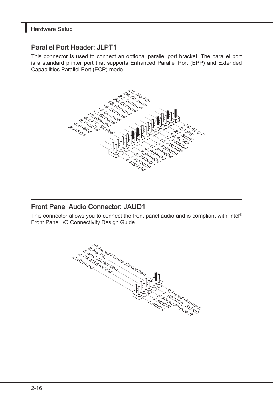 Parallel port header: jlpt1, Front panel audo connector: jaud1 | MSI H55M-P33 User Manual | Page 32 / 88