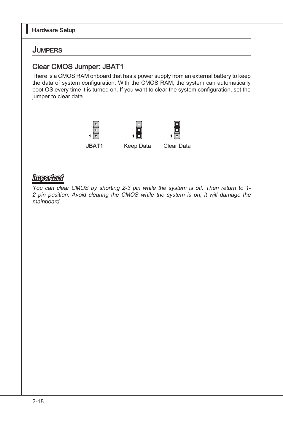 Jumpers, Jumpers -18, Clear cmos jumper: jbat1 | Important | MSI H55M-P33 User Manual | Page 34 / 88