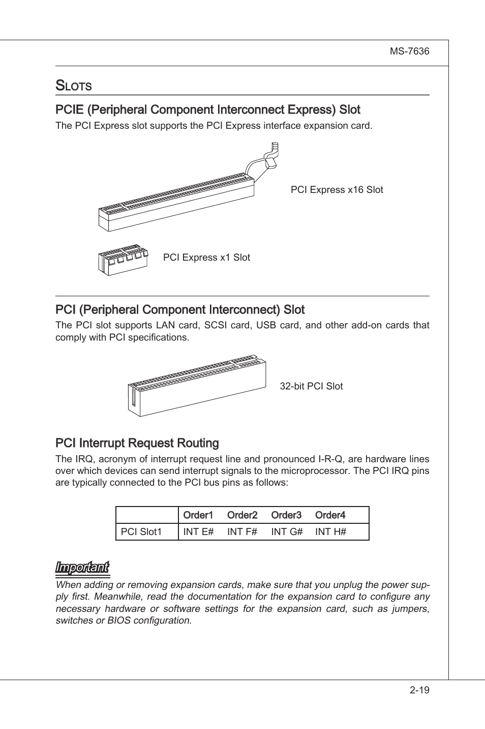 Slots, Slots -19, Pci (perpheral component interconnect) slot | Pci interrupt request routng, Important | MSI H55M-P33 User Manual | Page 35 / 88