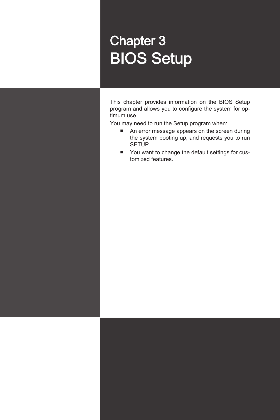 Chapter 3, Bios setup, Chapter 3 bios setup -1 | MSI H55M-P33 User Manual | Page 37 / 88