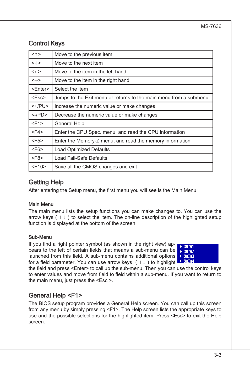 Control keys, Gettng help, General help <f1 | MSI H55M-P33 User Manual | Page 39 / 88