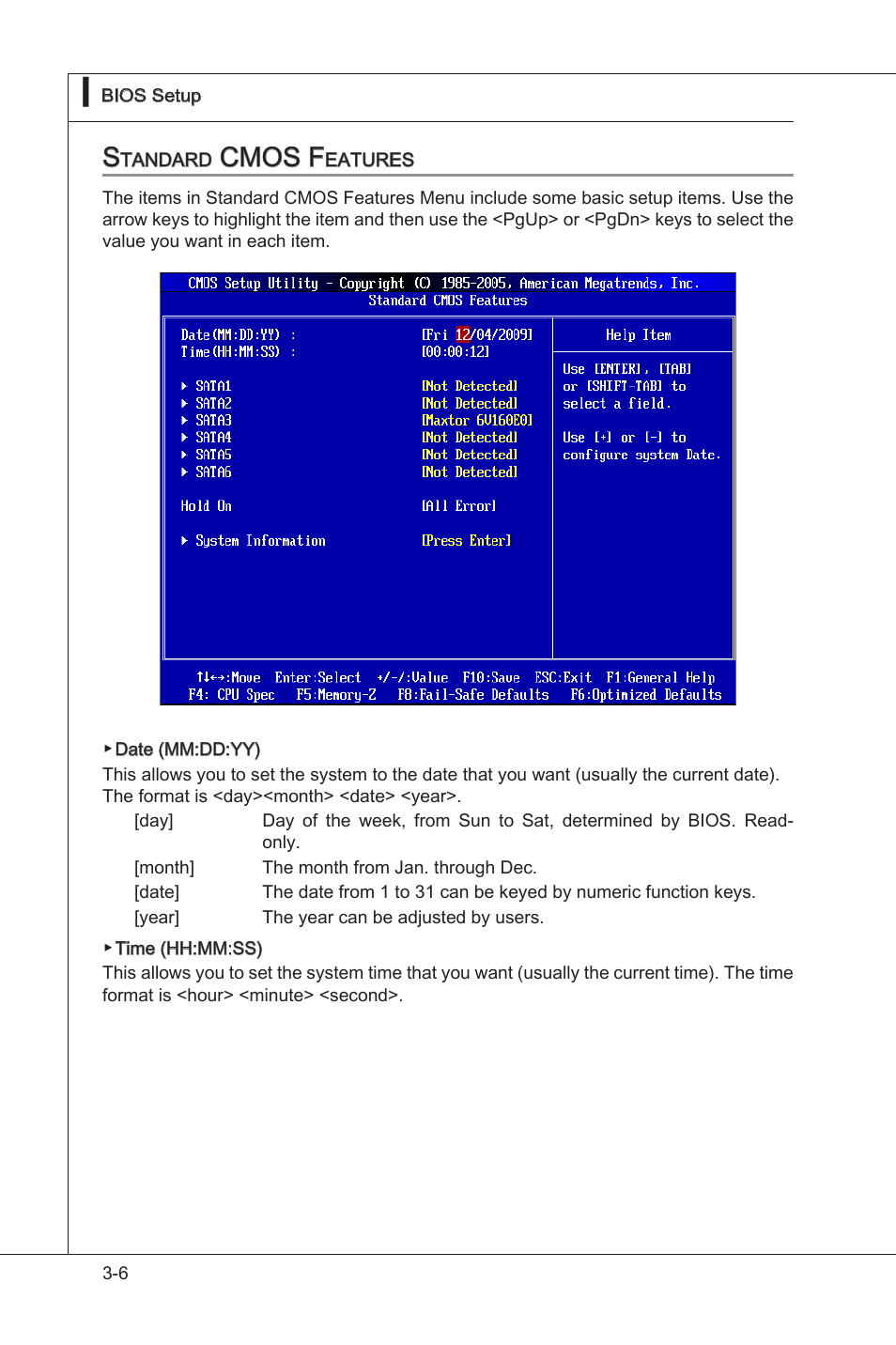 Standard cmos features, Standard cmos features -6, Cmos f | MSI H55M-P33 User Manual | Page 42 / 88