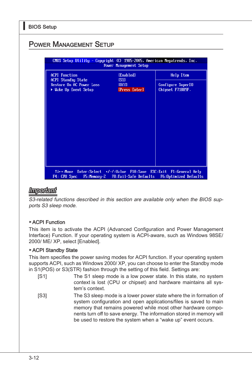 Power management setup, Power management setup -12, Important | MSI H55M-P33 User Manual | Page 48 / 88