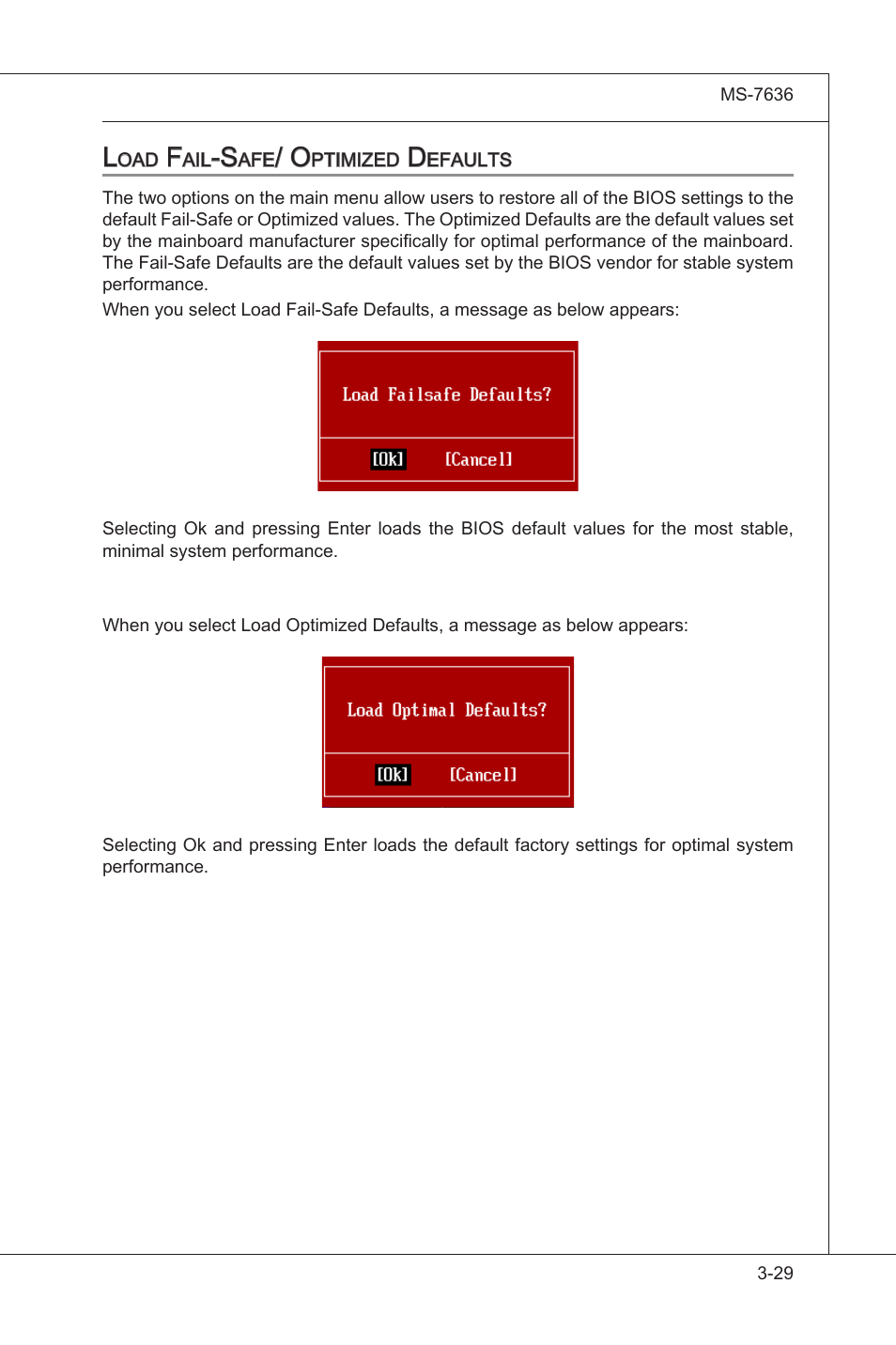 Load fail-safe/ optimized defaults, Load fal-safe/ optmzed defaults -29 | MSI H55M-P33 User Manual | Page 65 / 88