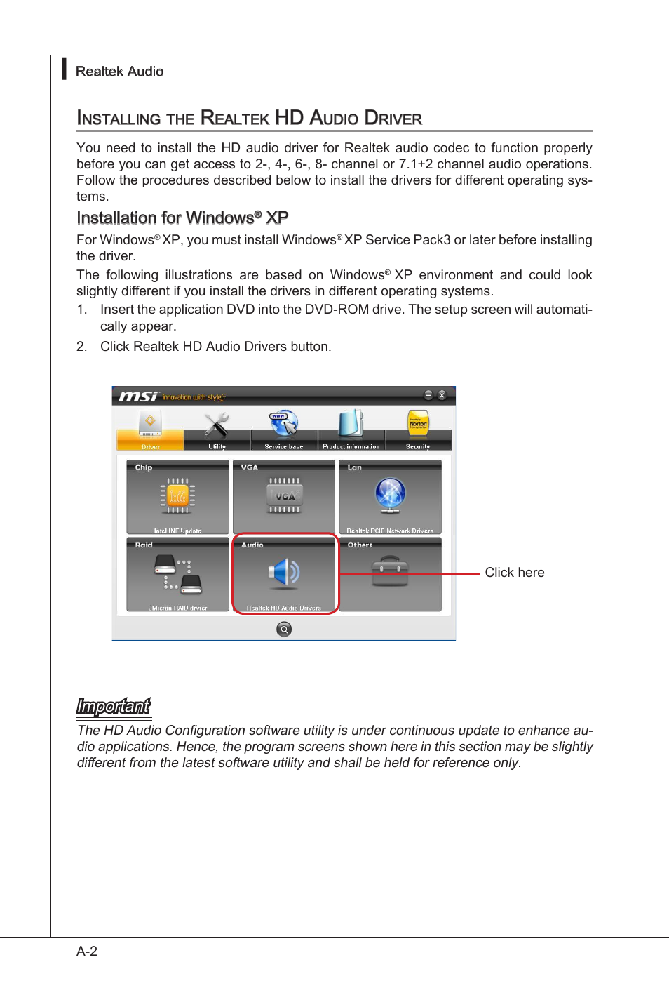 Installing the realtek hd audio driver, Hd a, Installaton for wndows | Important | MSI H55M-P33 User Manual | Page 68 / 88